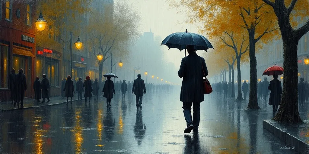 a man walking down a street holding an umbrella in the rain with a bag on his shoulder and a bag on