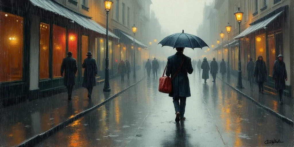 a man walking down a street holding an umbrella in the rain with a bag on his shoulder and a bag on