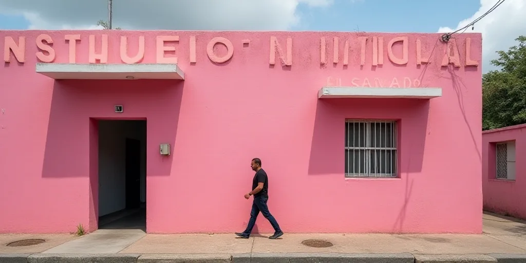 a man walking out of a pink building with a sign that says institution national el salvador on it's