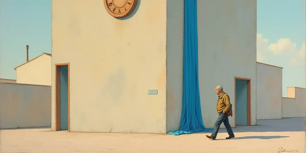 a man walking past a building with a clock on it's side and a blue ribbon hanging from the top of th