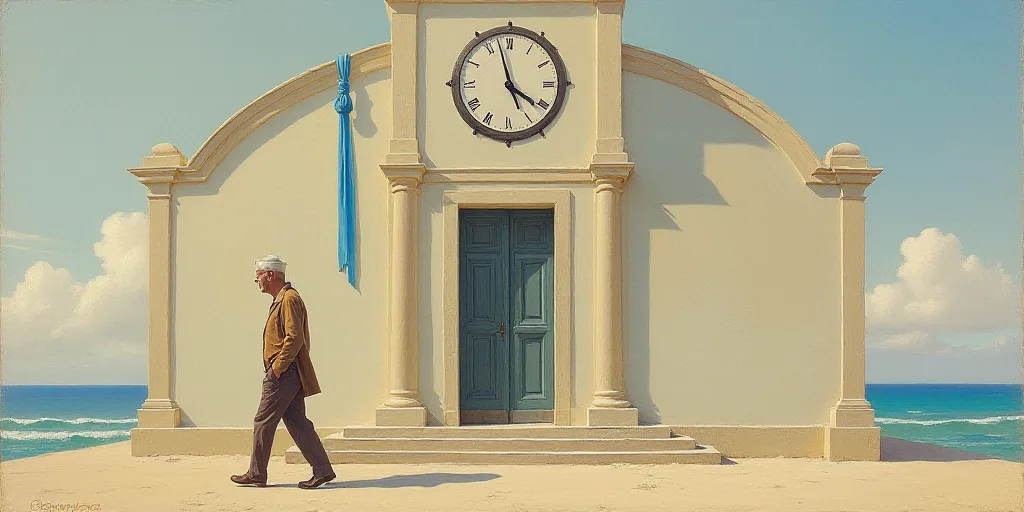 a man walking past a building with a clock on it's side and a blue ribbon hanging from the top of th