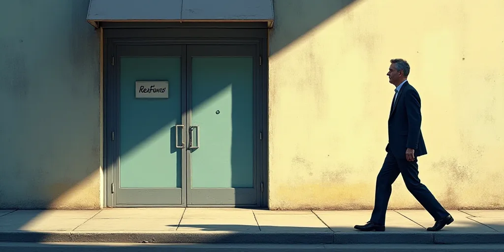 a man walking past a building with a logo on it's side wall and a light reflecting off the side of t