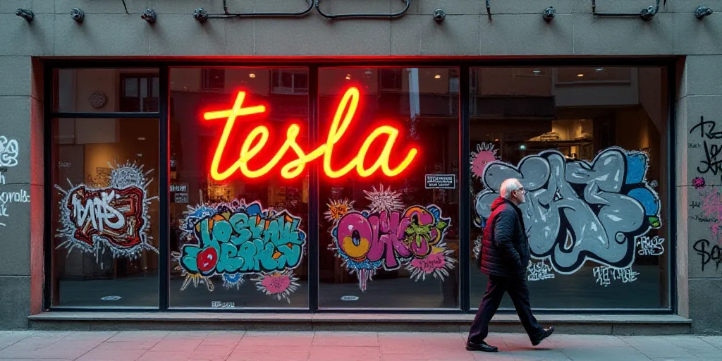 a man walking past a building with graffiti on it's glass windows and a neon sign that says, tesla,