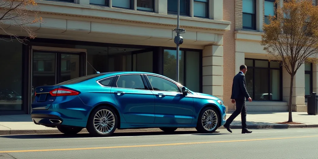 a man walking past a ford logo on a car hood in front of a building on a street corner, Charles Frem