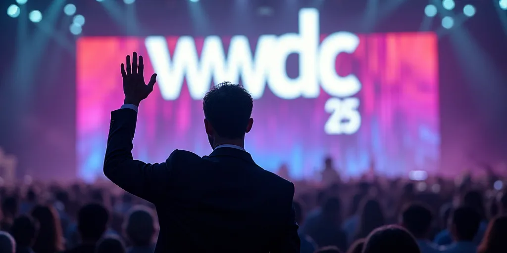 a man waves to the crowd while standing in front of a wwdc25 sign with his hand up, Edward George Ha