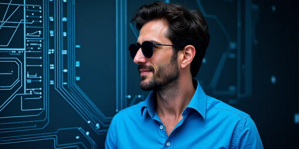 a man wearing a blue shirt and sunglasses with a circuit board background and a digital image of a m