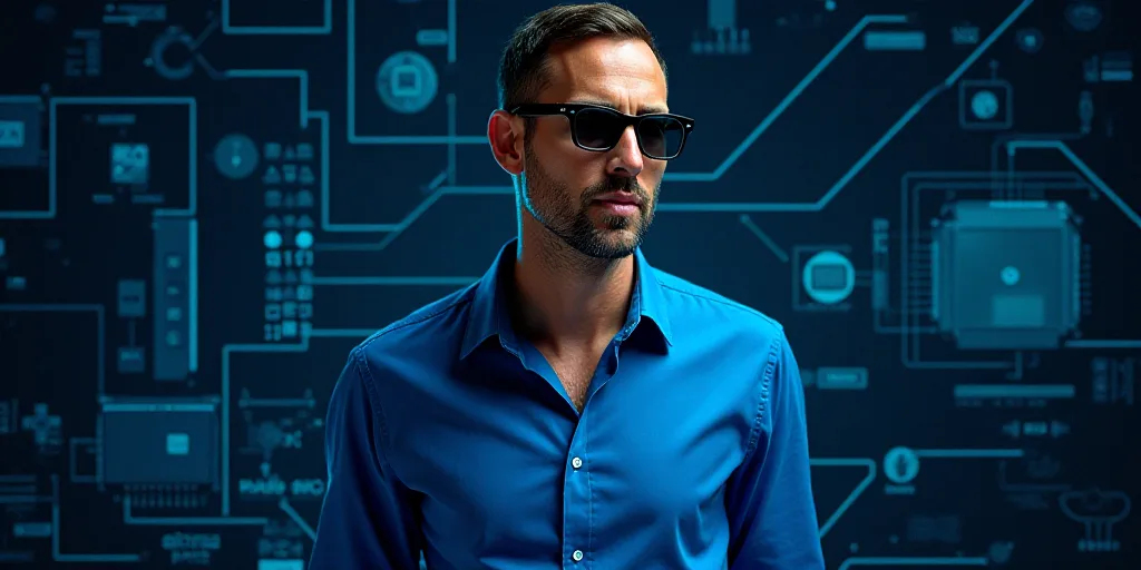 a man wearing a blue shirt and sunglasses with a circuit board background and a digital image of a m