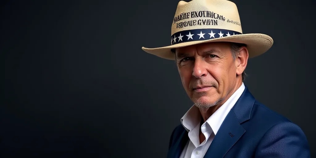 a man wearing a hat with the words make america great again on it and a blue blazer and white shirt,
