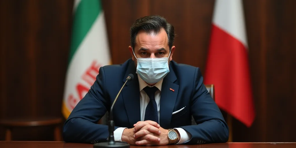 a man wearing a mask sitting at a table with a microphone in front of him and a flag behind him, Afe