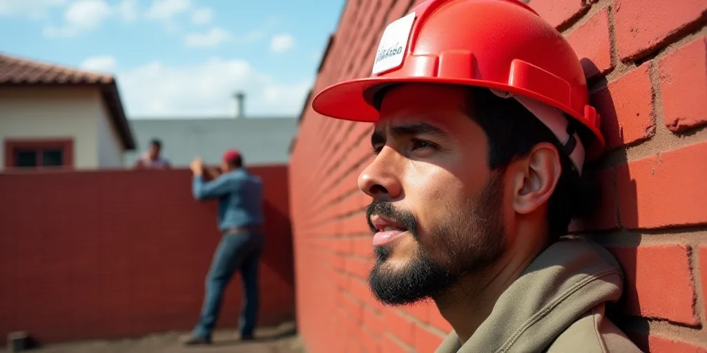 a man wearing a red hard hat and a red brick wall with a building in the background and a group of m