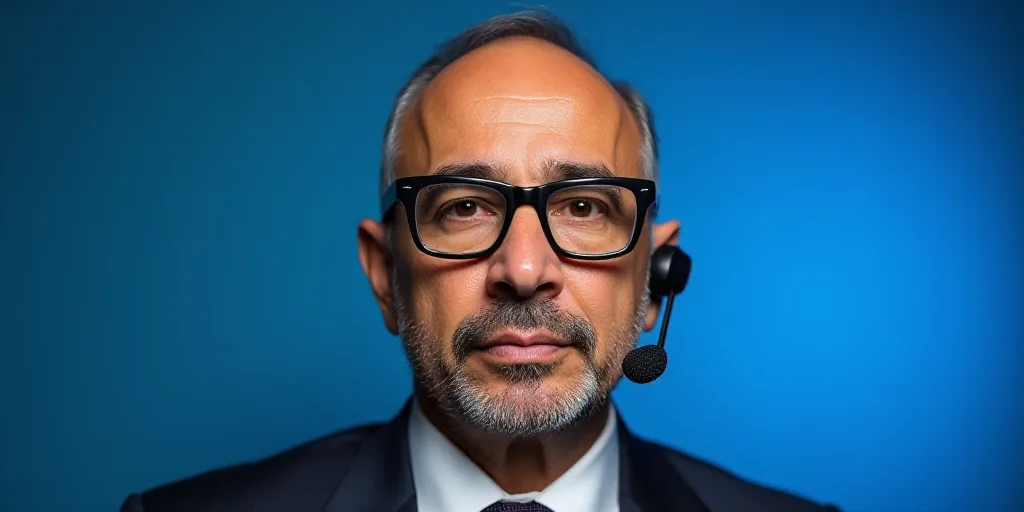 a man wearing glasses and a suit and tie with a microphone in his ear and a blue background behind h