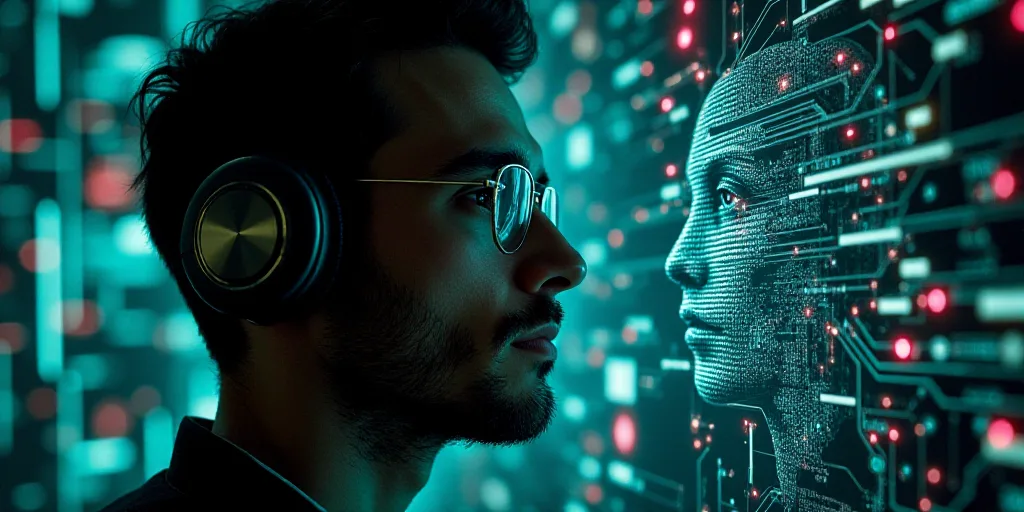 a man wearing headphones and glasses with a circuit board in the background and a digital image of h