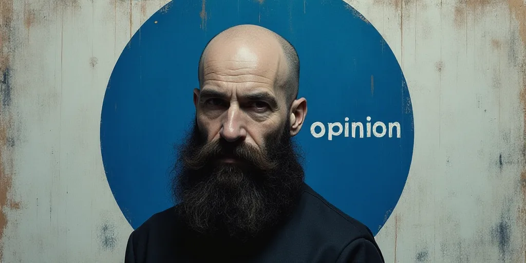 a man with a beard and a beard in a blue circle with the words,'opinion'on it, Barbara Longhi, horro