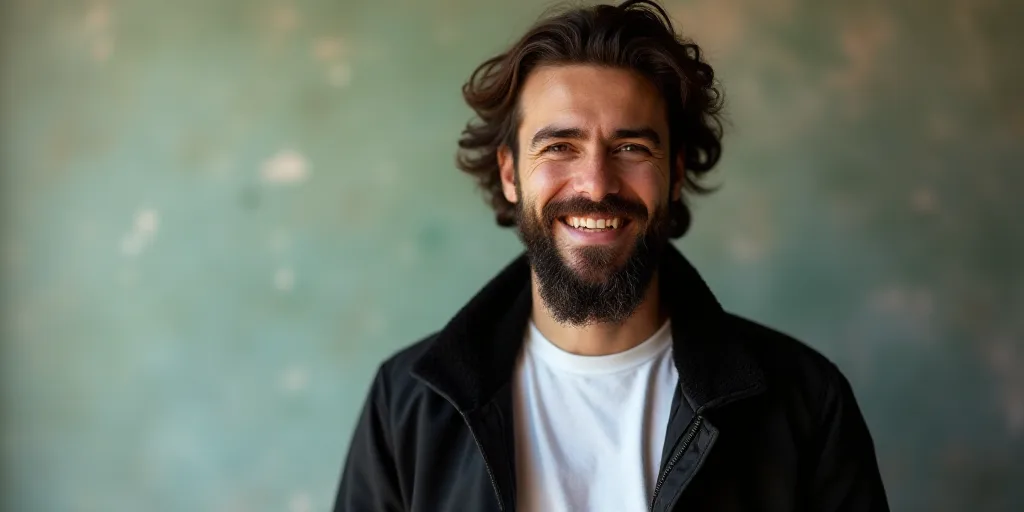 a man with a beard and a beard wearing a black jacket and white shirt is smiling at the camera, Enri