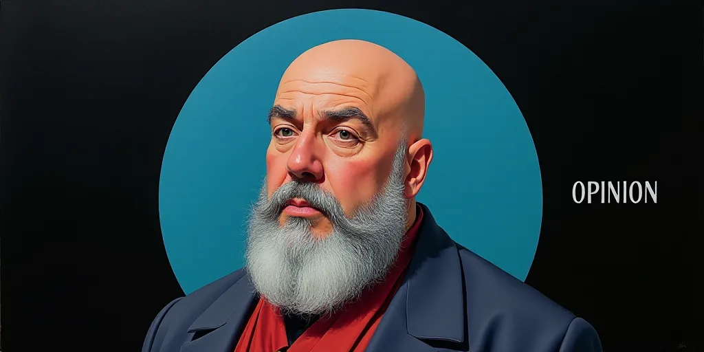 a man with a beard and a beard in a blue circle with the words opinion written on it, and a black ba