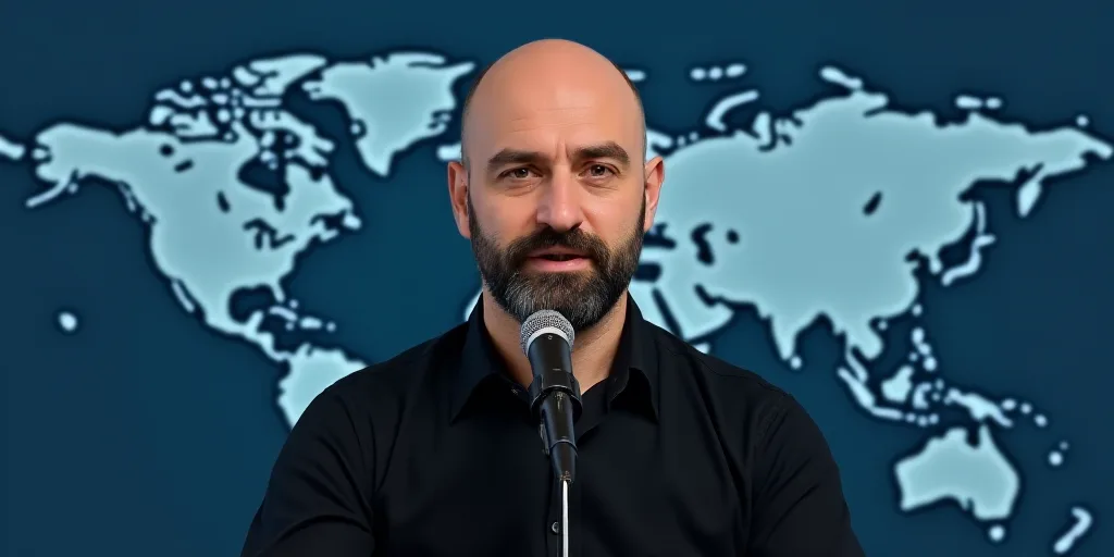 a man with a beard and a black shirt is speaking into a microphone and a blue background with a map