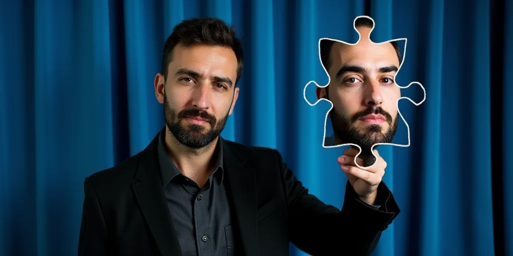 a man with a beard and a black jacket standing in front of a blue curtain and a portrait of a man, A
