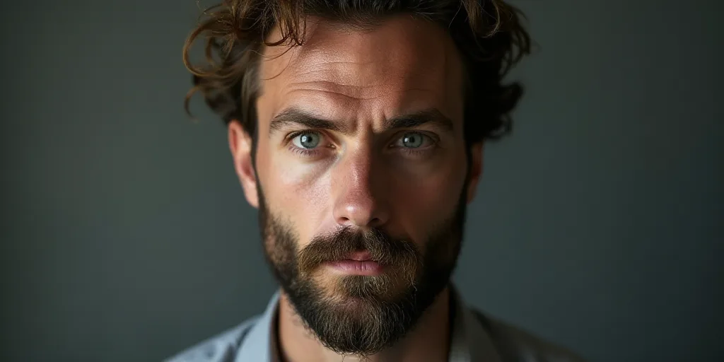 a man with a beard and a gray shirt is looking at the camera with a serious look on his face, A. B.