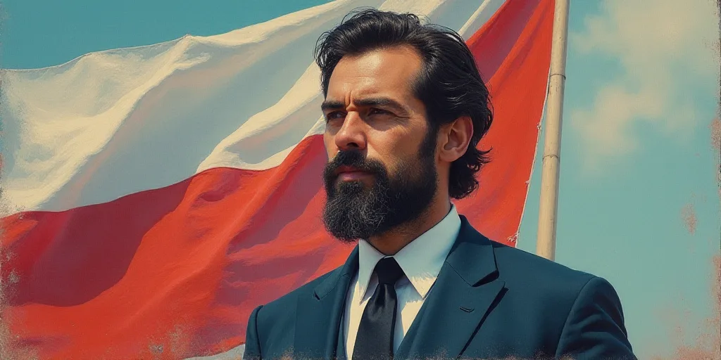 a man with a beard and a suit jacket on and a flag in the background with a man in the foreground, C