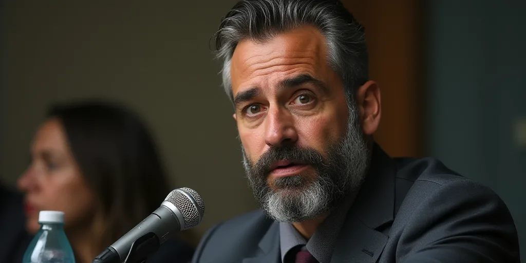 a man with a beard and a suit sitting in front of a microphone and looking at the camera with a surp