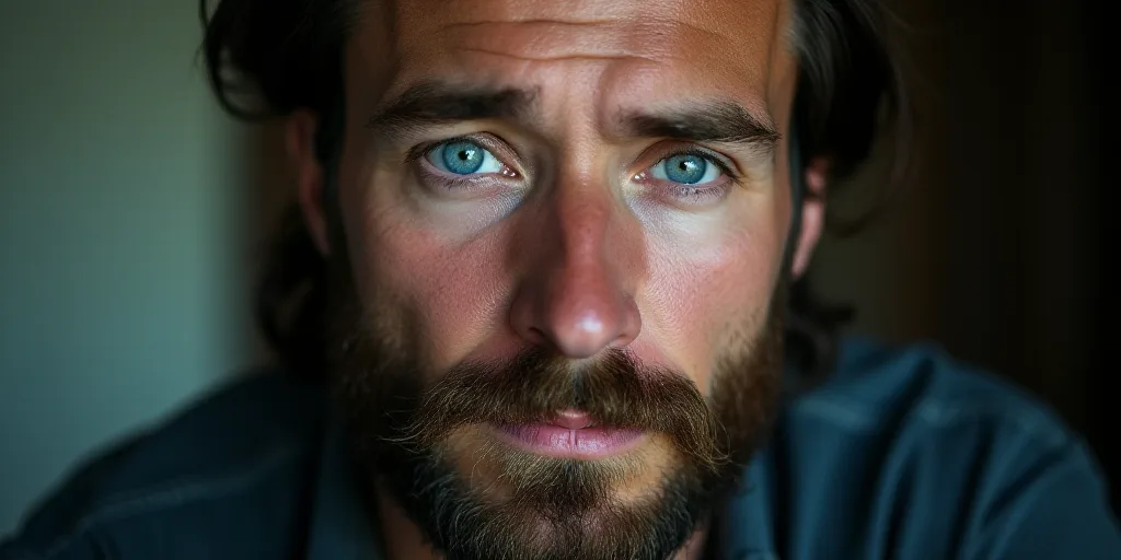 a man with a beard and blue eyes looks at the camera with a serious look on his face,, ESAO, hyper r