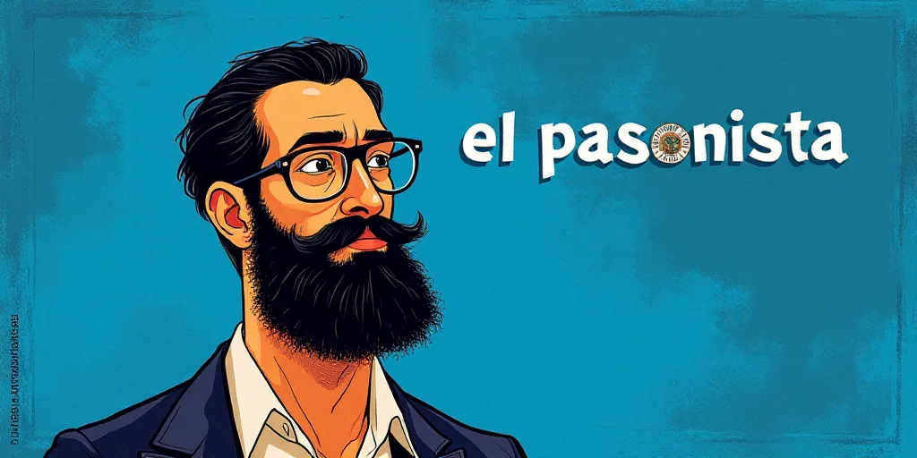 a man with a beard and glasses standing in front of a blue background with the words, el pasonista,