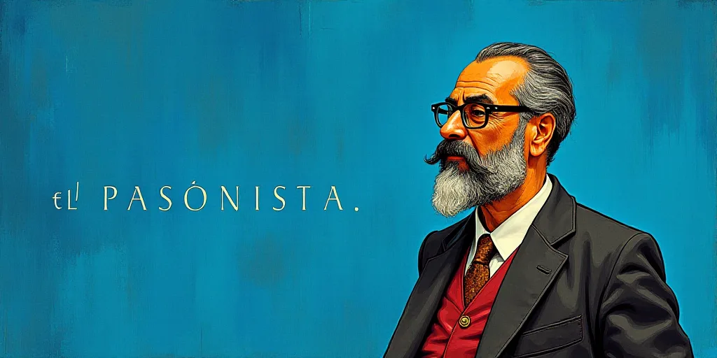 a man with a beard and glasses standing in front of a blue background with the words, el pasonista,