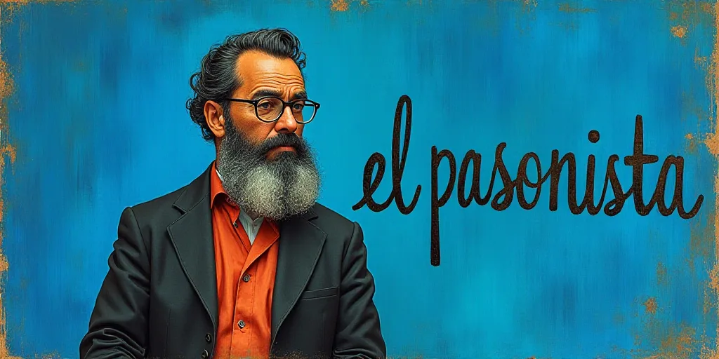 a man with a beard and glasses standing in front of a blue background with the words, el pasonista,