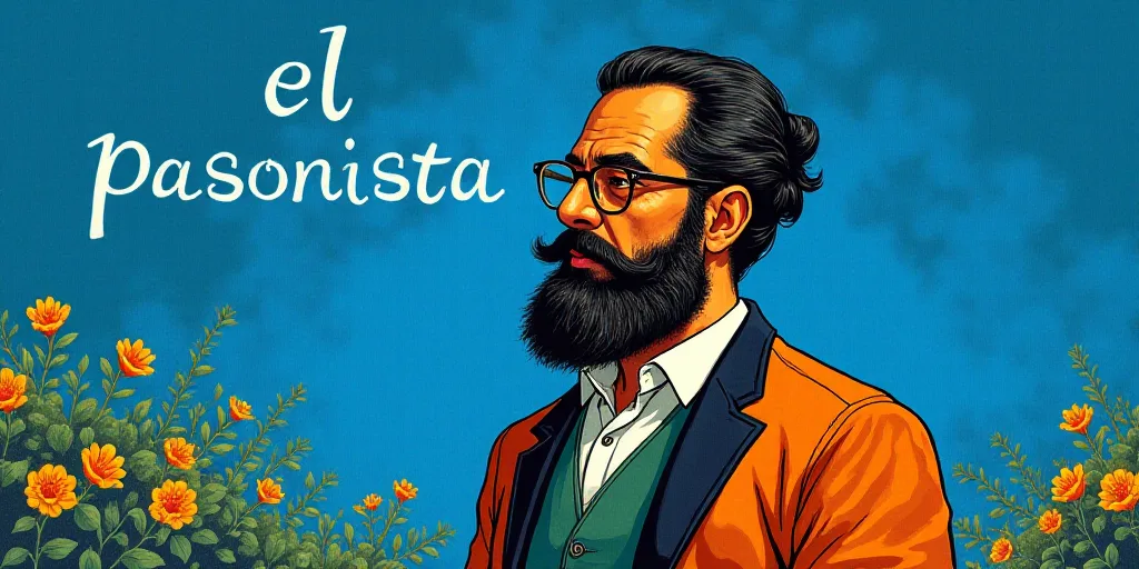 a man with a beard and glasses standing in front of a blue background with the words, el pasonista,