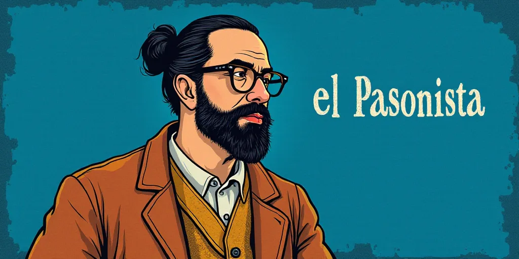 a man with a beard and glasses standing in front of a blue background with the words, el pasonista,