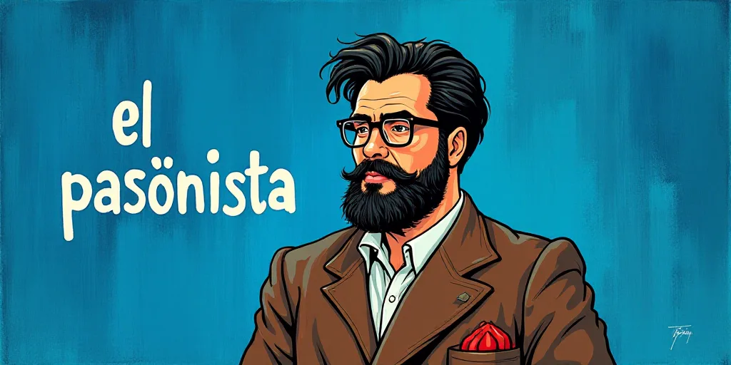 a man with a beard and glasses standing in front of a blue background with the words, el pasonista,