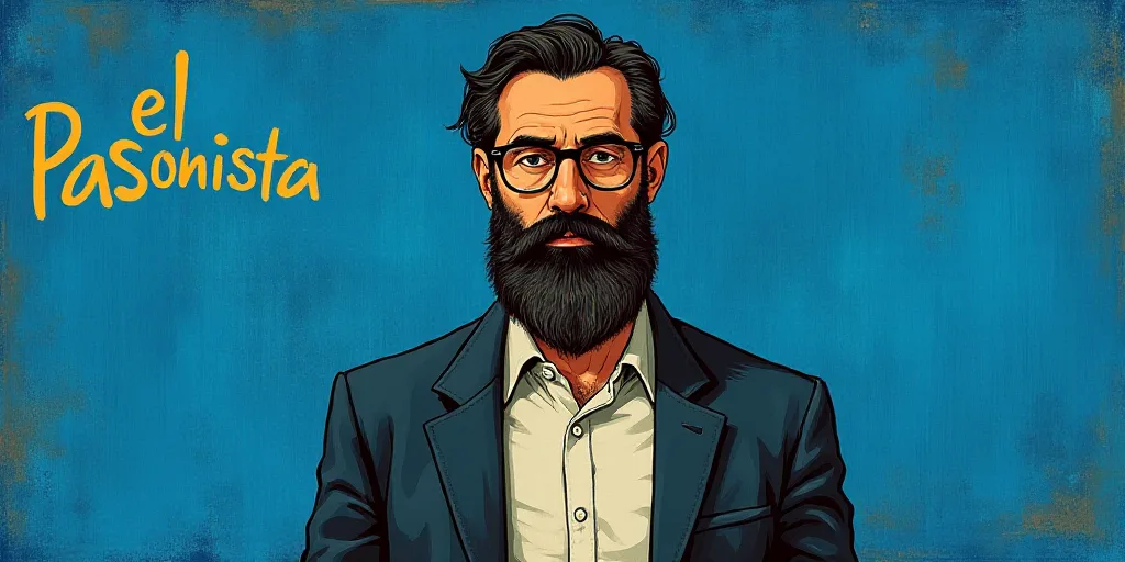 a man with a beard and glasses standing in front of a blue background with the words, el pasonista,