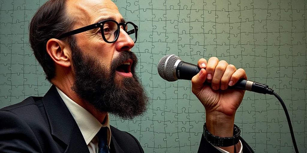 a man with a beard and glasses speaking into a microphone with a microphone cord in his hand and a m