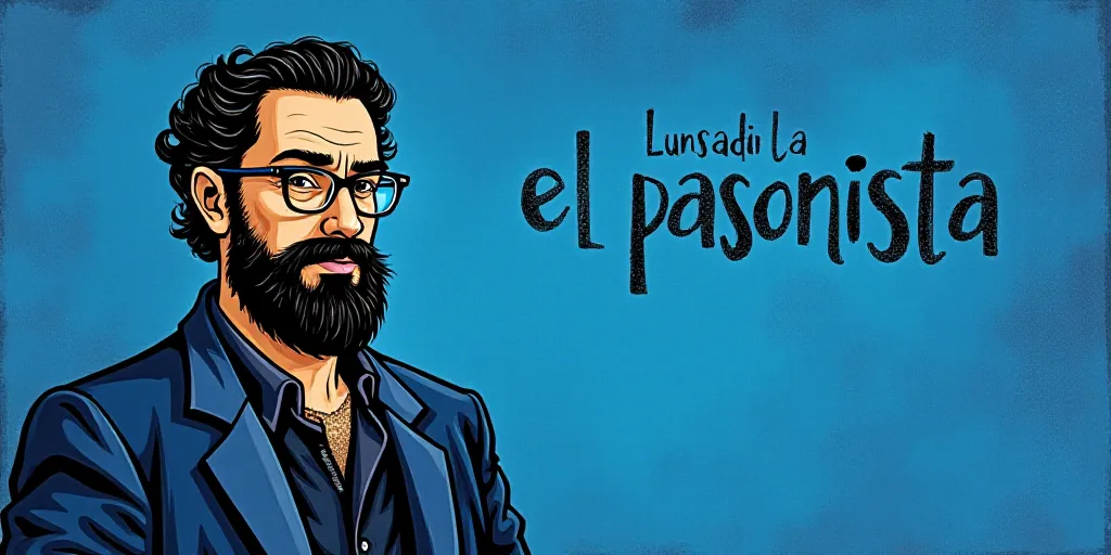 a man with a beard and glasses standing in front of a blue background with the words, el pasonista,
