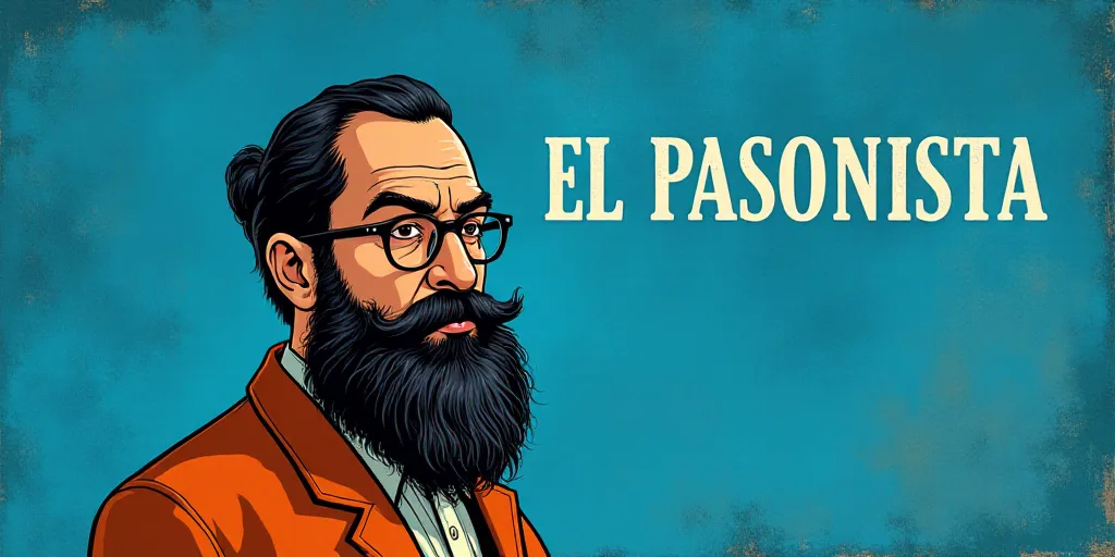 a man with a beard and glasses standing in front of a blue background with the words, el pasonista,
