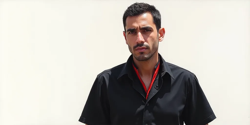 a man with a black shirt and a tie on a white background with a black and red stripe around his neck