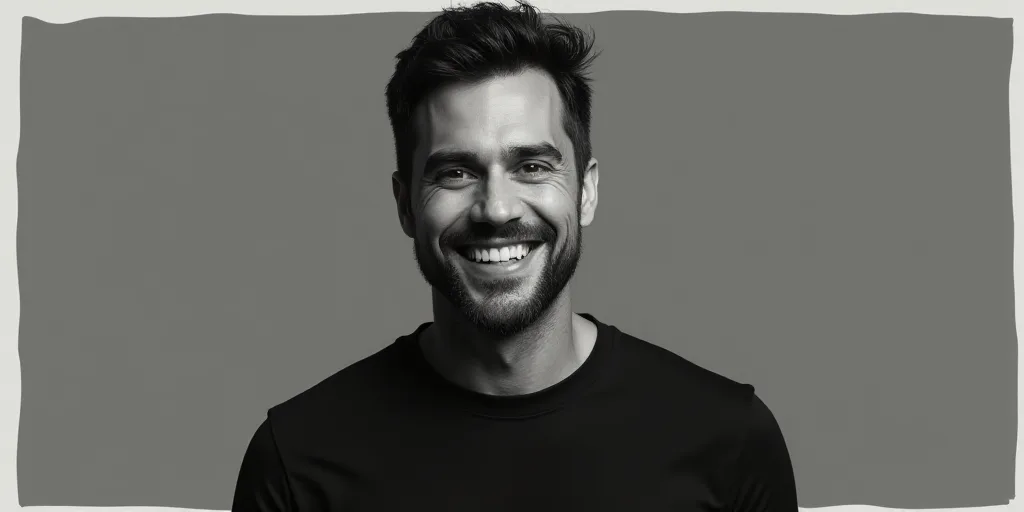 a man with a black shirt and a smile on his face and a gray background with a white border, Federico