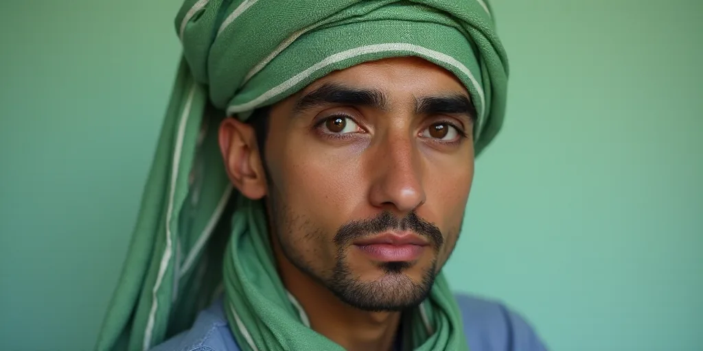 a man with a green and white scarf on his head and a blue shirt on his shoulders and a green and whi