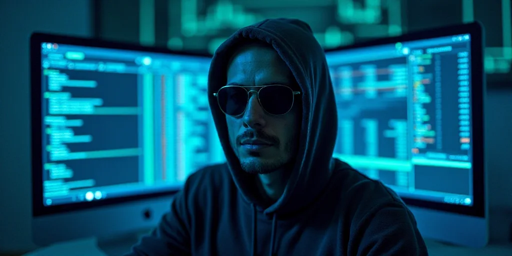 a man with a hoodie and sunglasses on in front of a computer screen with numbers on it and a blue ba