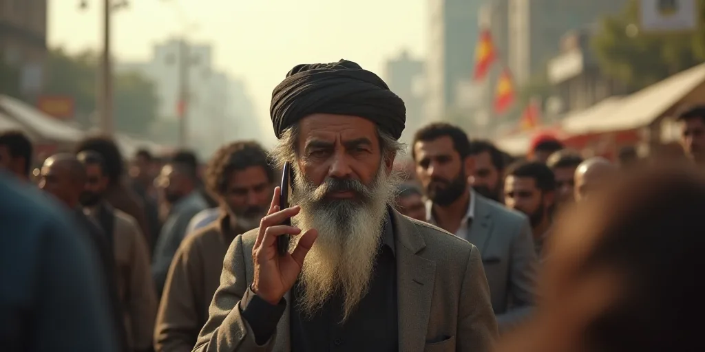 a man with a long beard and a white beard is talking on a cell phone while walking in a crowd, Ahmed