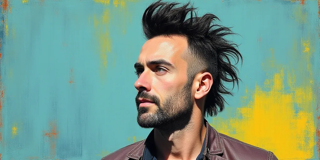 a man with a mohawk standing in front of a blue and yellow background with a black and white photo,