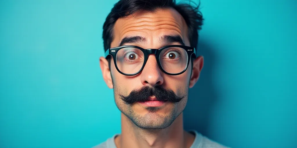 a man with a mustache and glasses on a blue background with the caption of a photo of a man with a m