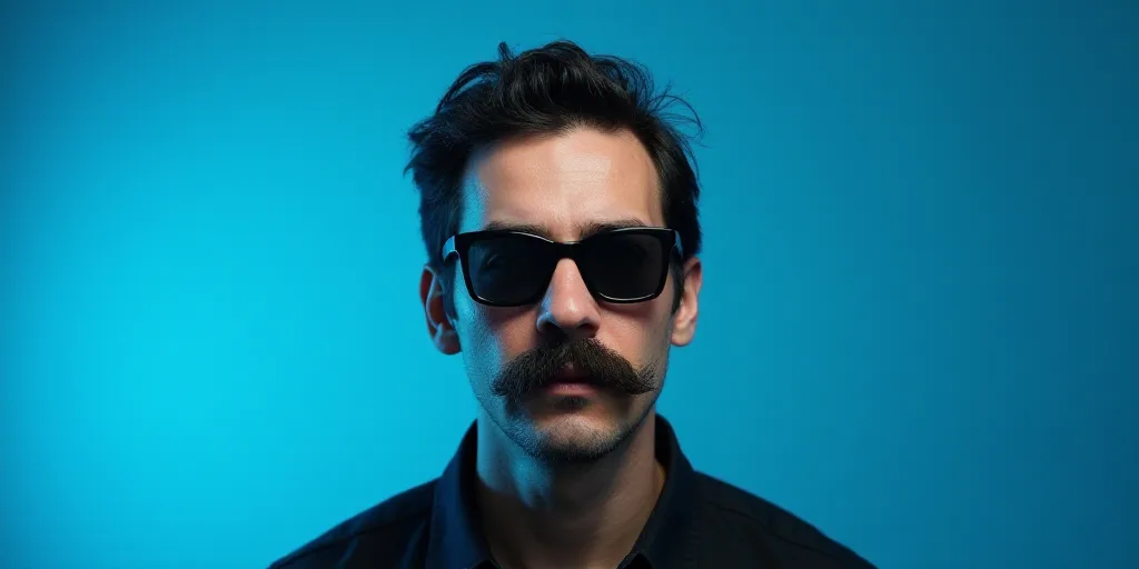 a man with a mustache and glasses is in front of a blue background with a black and white photo, Cá
