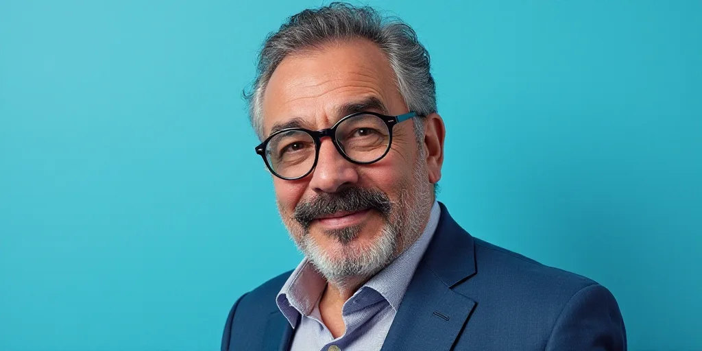 a man with a mustache and glasses on a blue background with the caption of a photo of a man with a m