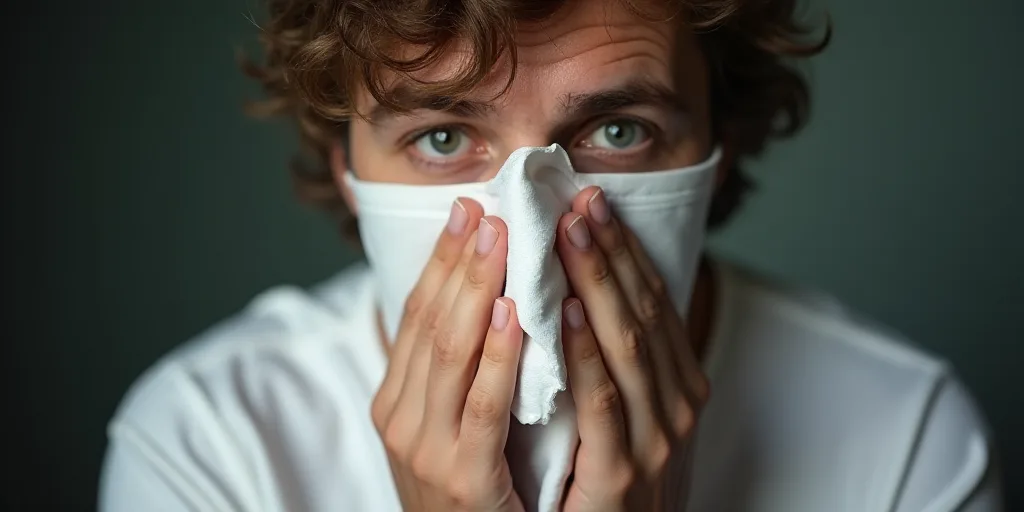 a man with a napkin covering his face with his hand and nose covered with a napkin, with his hand on