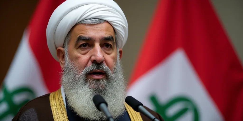 a man with a white beard and a white turban speaking into microphones with a red and white flag behi