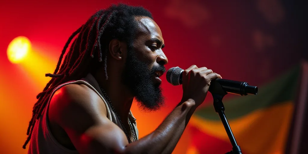 a man with dreadlocks on his head singing into a microphone at a concert with a flag in the backgrou