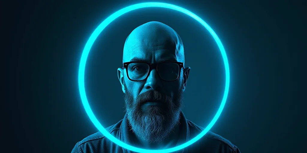 a man with glasses and a beard in a blue circle with the words opinion on it, oscar flores, Edward O