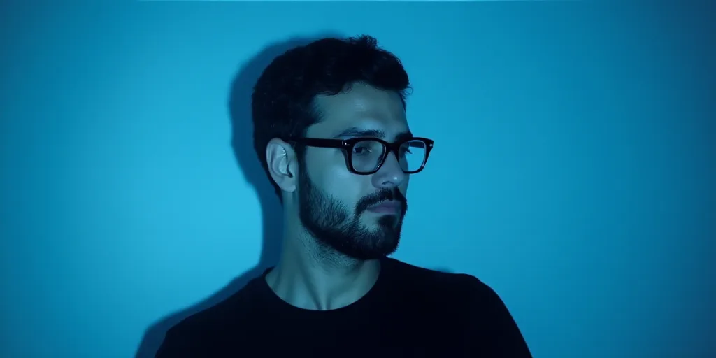 a man with glasses and a black shirt on a blue background with a black and white photo of him, Carlo