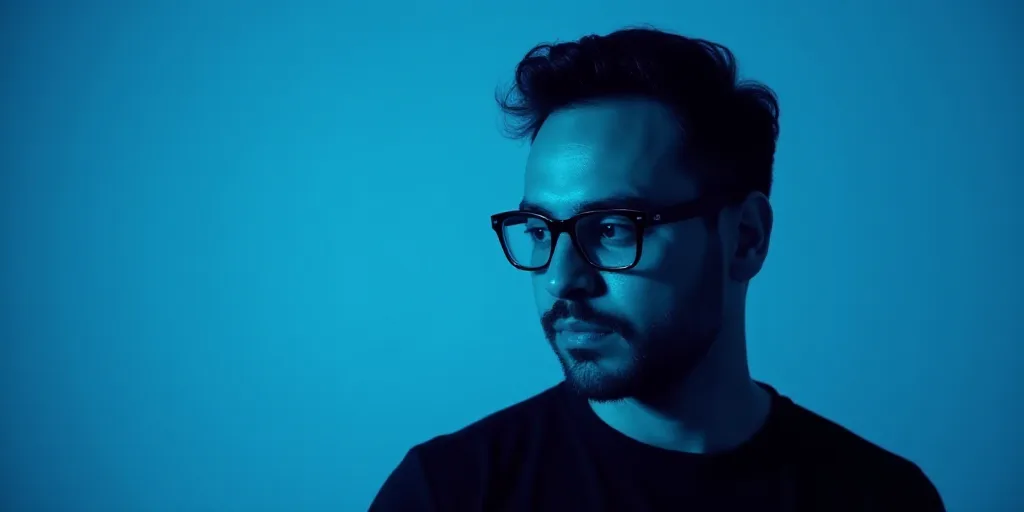 a man with glasses and a black shirt on a blue background with a black and white photo of him, Carlo